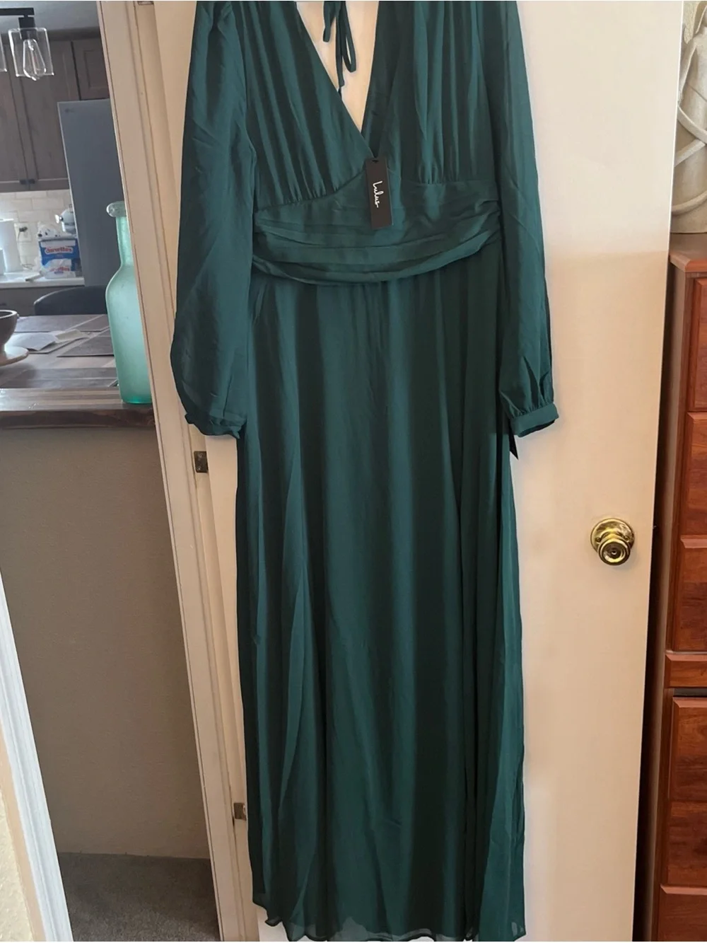 Lulu's Teal Green Long Sleeve V-Neck Maxi Dress